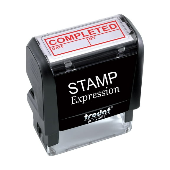 StampExpression - Completed with Date and by Office Self Inking Rubber Stamp - Red Ink (A-5814)
