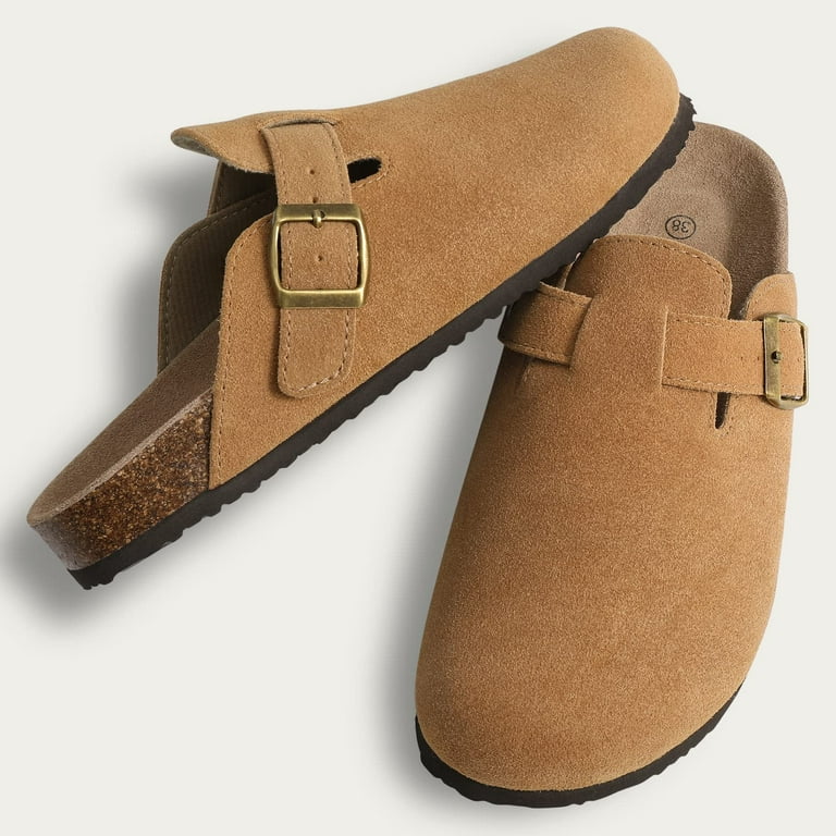 Litfun Women's Suede Clogs Leather Mules Cork Footbed