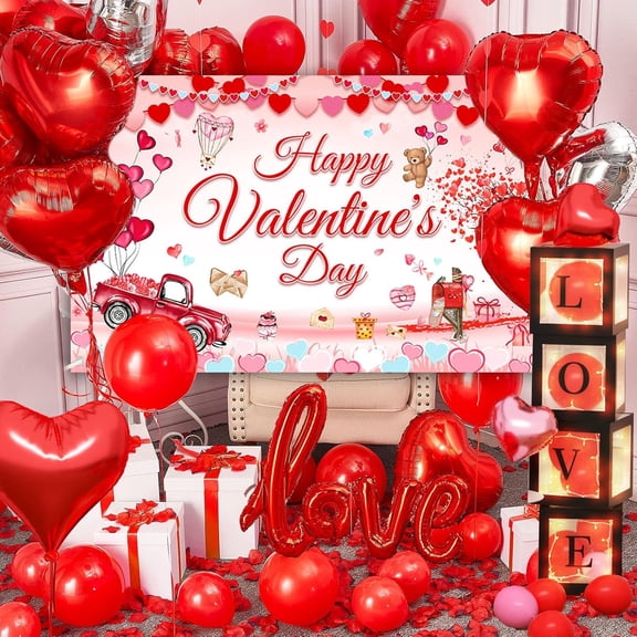 Valentines Day Backdrop Banner Party Decorations Red Car Love Heart Banner Decorations for Party