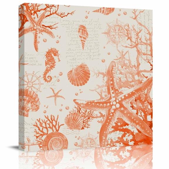 Framed Canvas Wall Art for Living Room Conch Starfish Wall Decor, Orange Shell Seahorse Aesthetic Paintings for Bedroom Office Kitchen Bathroom, Ready to Hang Artwork Wall Pictures 8x8 Inch