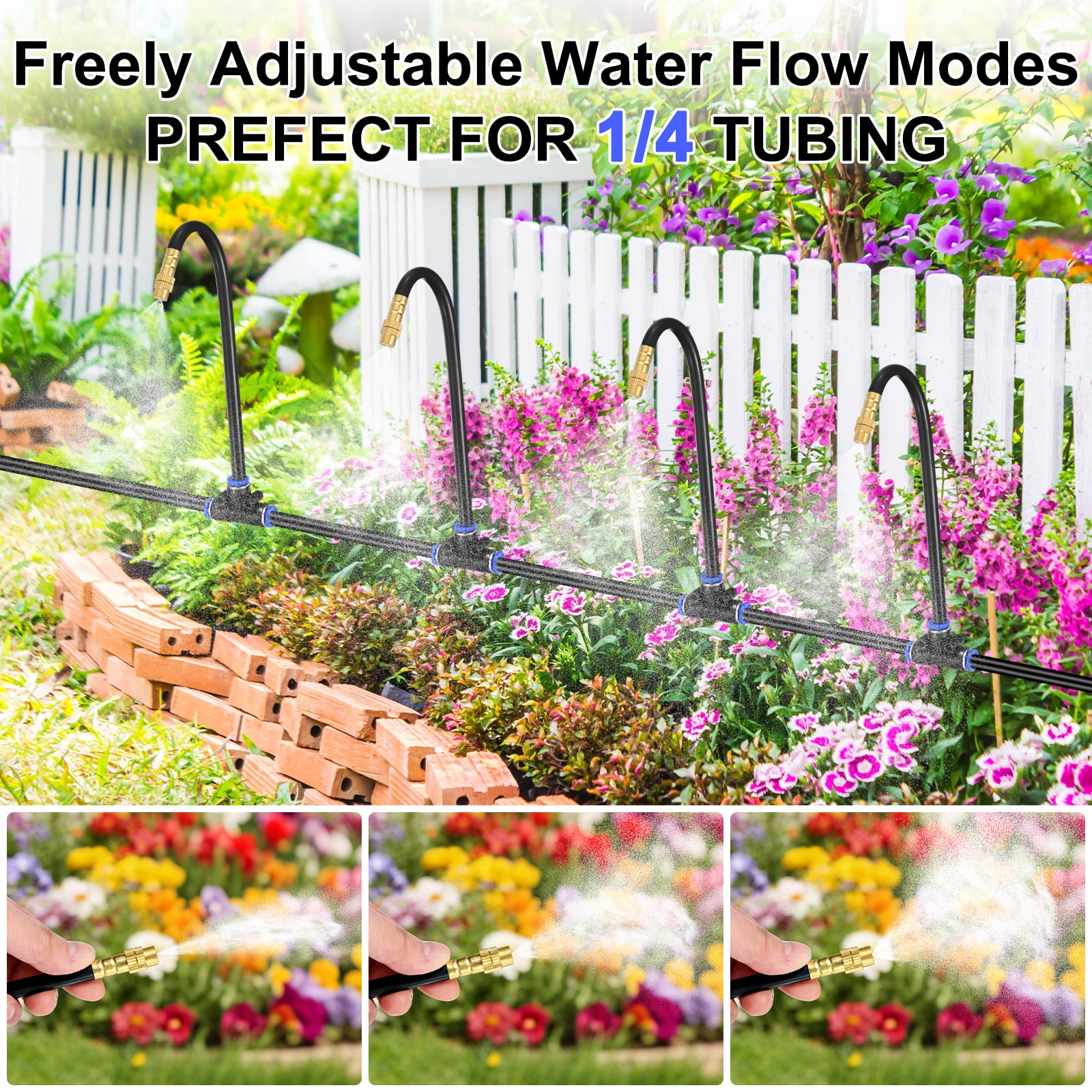 Uxcell 1-Set Drip Irrigation Systems, 50Ft 1/4" Hose Garden Watering Misting System with 12pcs 360° Adjustable Copper Nozzles