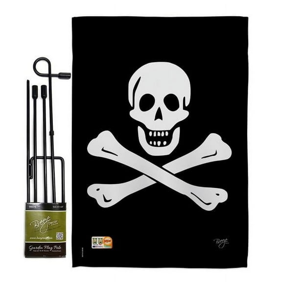 Breeze Decor BD-PI-GS-107032-IP-BO-D-US13-BD 13 x 18.5 in. Black Sam Coastal Pirate Impressions Decorative Vertical Double Sided Garden Flag Set with Banner Pole