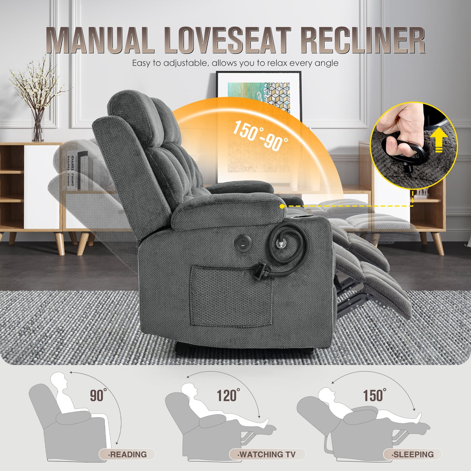 3-Seat Reclining Sofa with Flip Middle Backrest, Manual Loveseat Recliner with Storage Drawer, USB & Type-C Ports, Cup Holders & Phone Holders, Gray