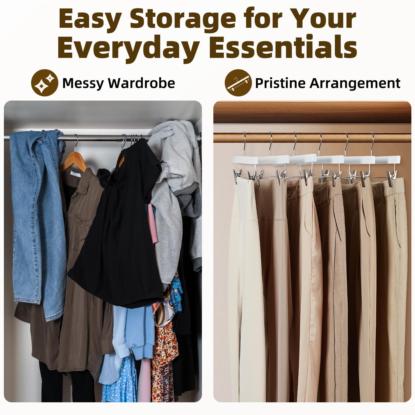 ACSTEP Wooden Pants Hangers with Clips, 14" Heavy Duty & Anti Slip Wooden Hangers for Pants, Skirt, 25 Pcs, White
