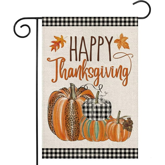 Happy Thanksgiving Fall Garden Flags for Outdoor,12x18 Double Sided,Harvest Buffalo Plaid Pumpkins Yard Flags,Small Thanksgiving Day Garden Decor for Autumn Outside Porch Lawn Holiday