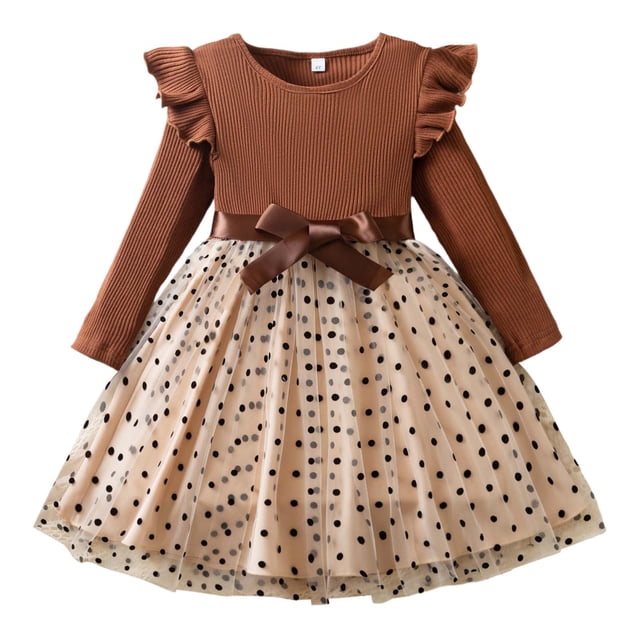 Rhuody Robe Fille à Manches Longues Côtelée à Pois avec Nœud, Robe avec Jupe, Robe de Fête, Style Simple et Sucré, Tenue Quotidienne, Kaki, 6-7 Ans