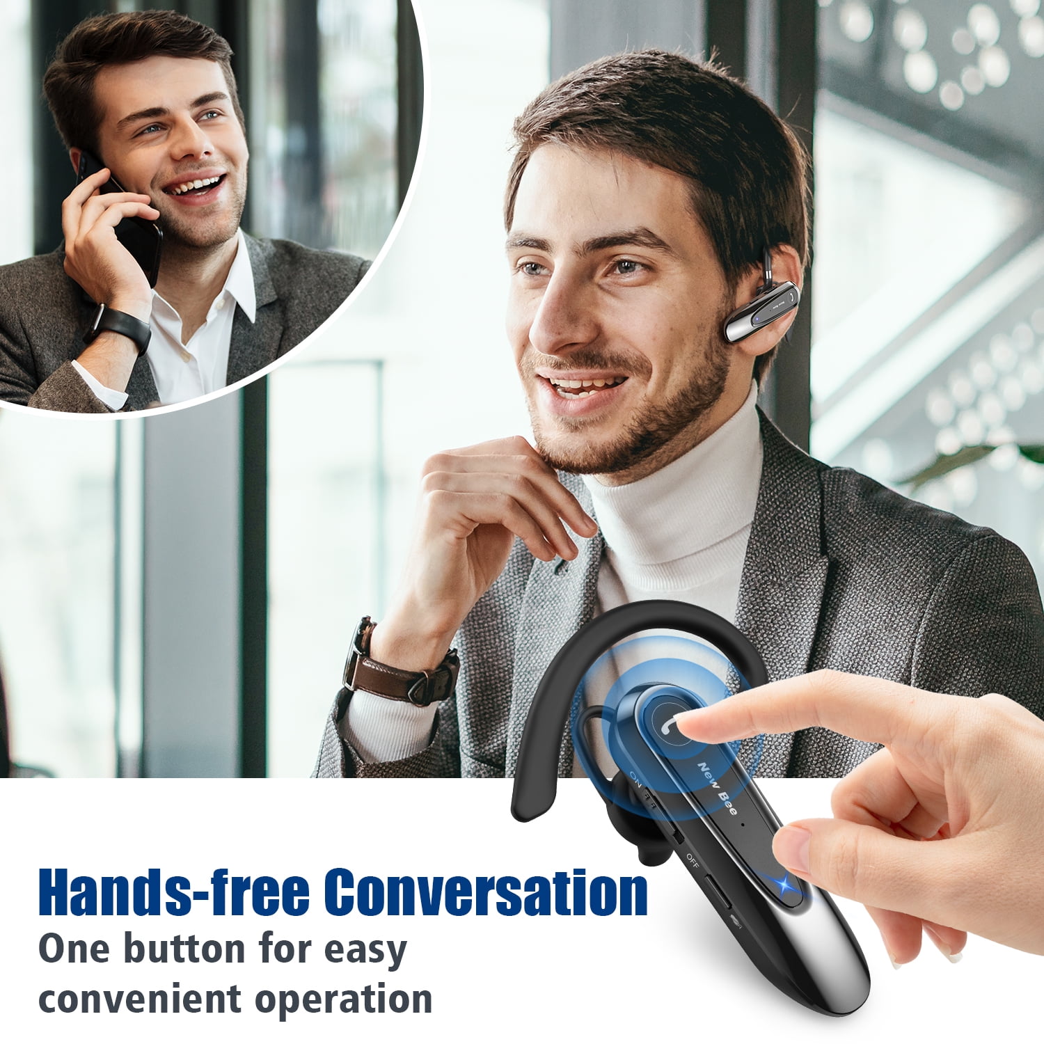New Bee Bluetooth 5.0 Wireless Earpiece Headset with Microphone for iPhone Android, 20H Talk Time 180D Standby, Hands-Free for Business Trucker Driver, Black