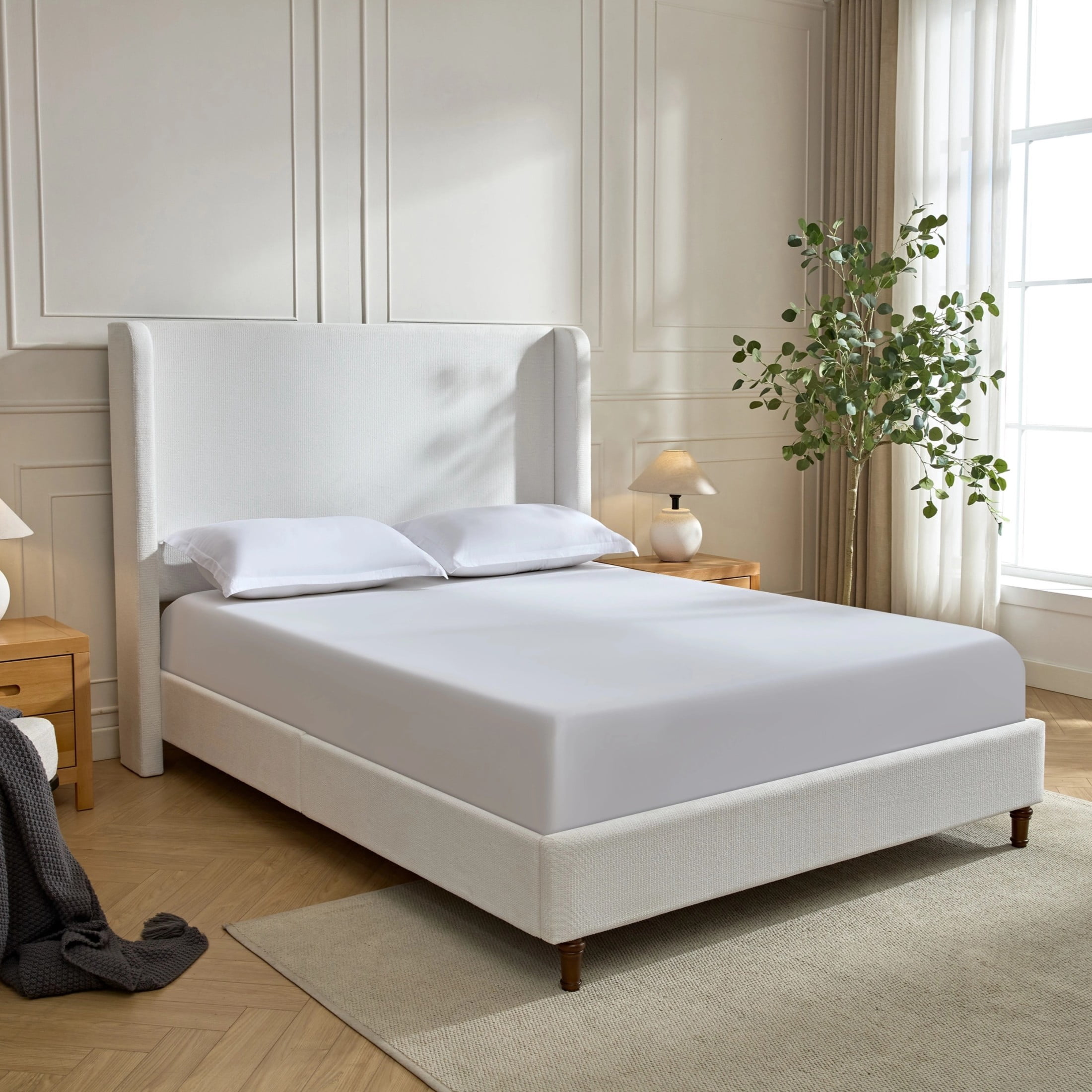 Noble House Harper Queen Upholstered Bed Frame, 54" Tall Chenille Headboard with Curved Wingback, Cream White