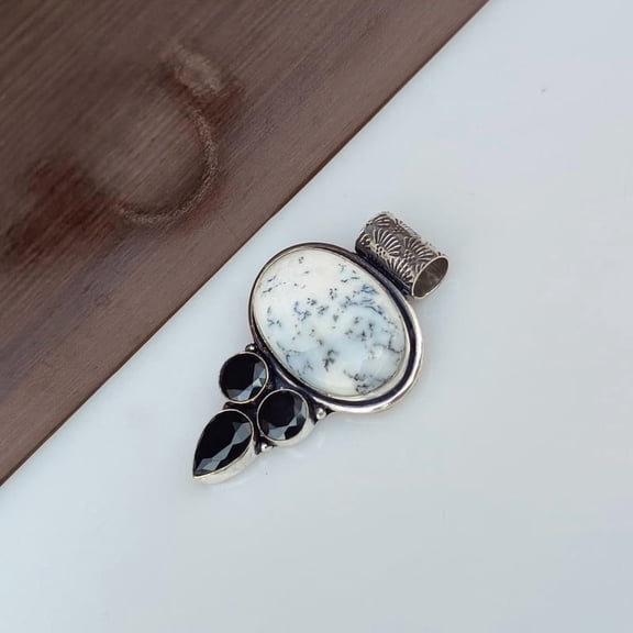 Natural Dendritic Opal & Black Onyx Gemstone Pendant 925 Sterling Silver Handmade Jewelry