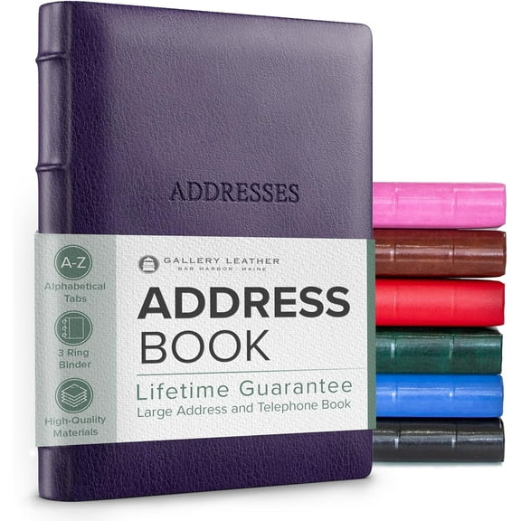 Gallery Leather Large Address Book with Alphabetical Tabs up to 480 Records, Leather Notebook Hardcover, Telephone and Address Books - 9x7, Desk Address, Camden Violet