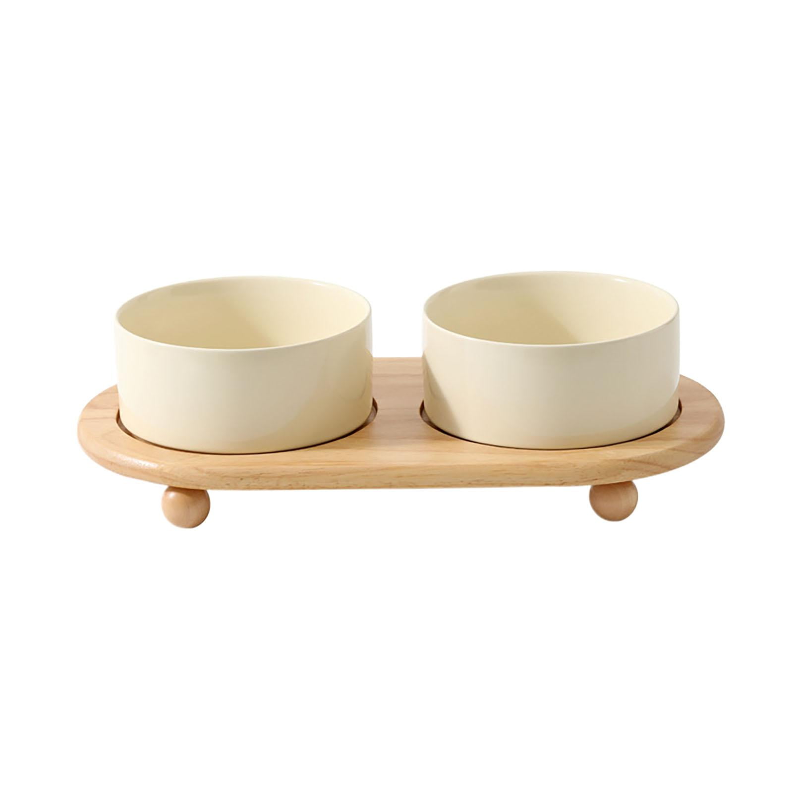 Bvdfgk Cat Dishes Protect Cat's Spine with Wooden Stand Ceramic Stoneware Pet Bowl for beige