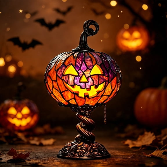 Halloween Pumpkin Lamp, Stained Glass Jack-O-Lantern Night Light, USB Vintage Table Decor for Home