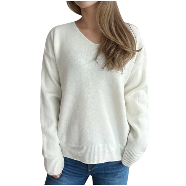 FAIWAD Sweaters for Women Long Sleeve V Neck Knitted Pullover Casual Solid Color Basic Pullover Tops
