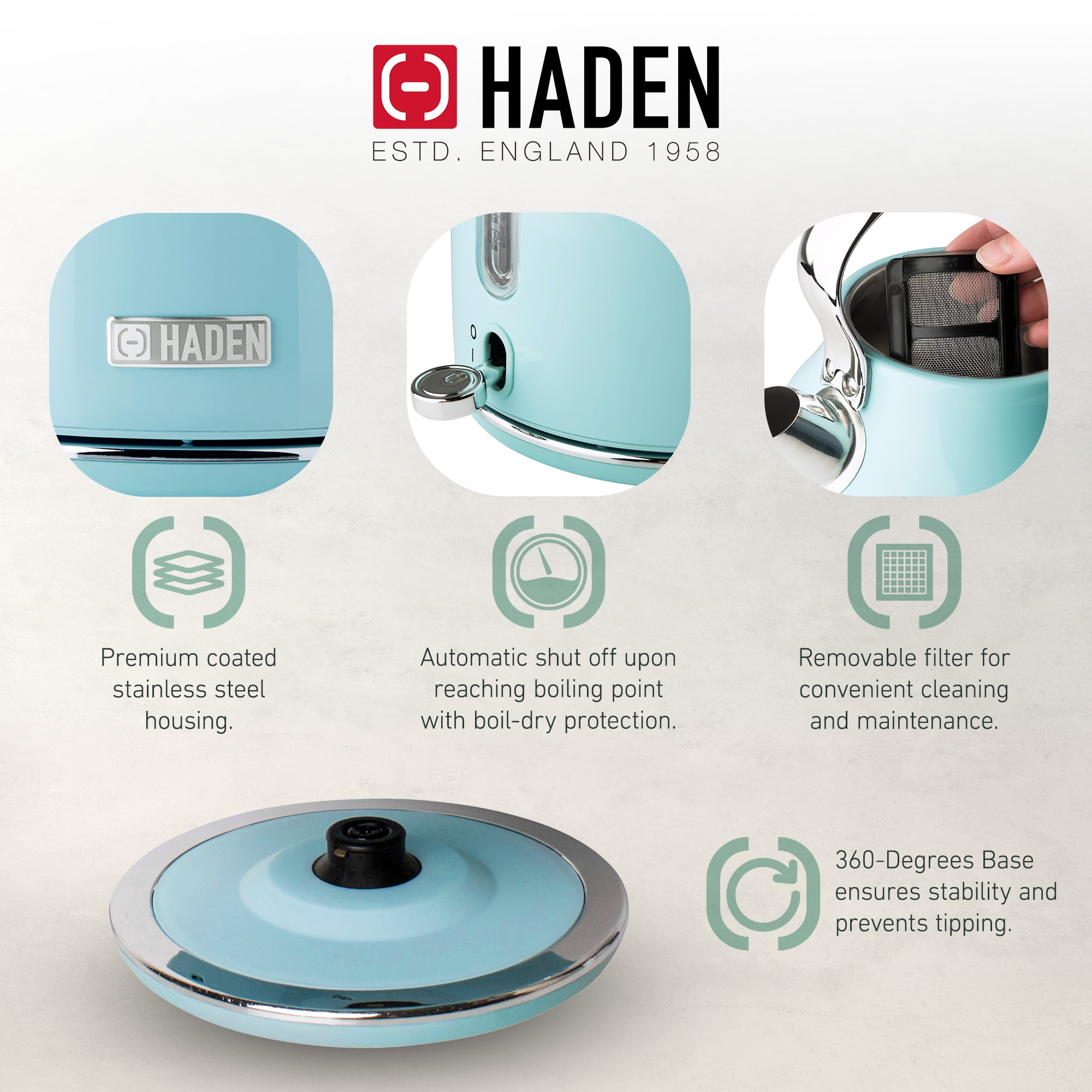 Open Box Haden Heritage 1.7L Stainless Steel Electric Water Kettle, Turquoise