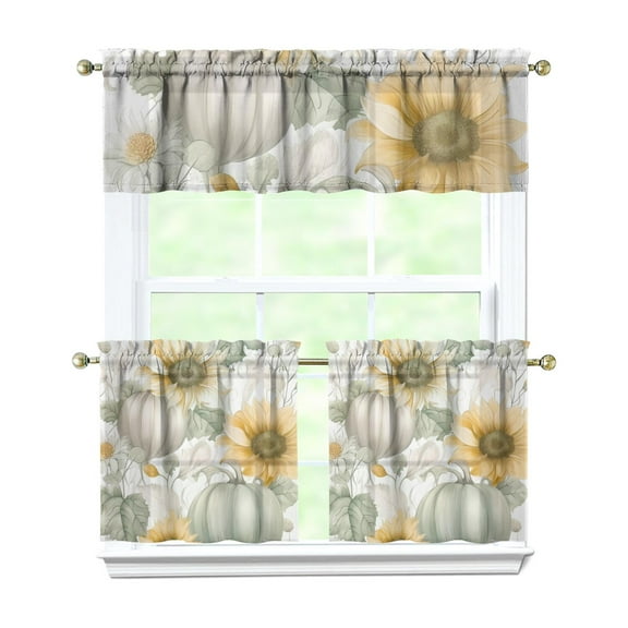 Rod Pocket Kitchen Curtain Set 3-Piece, 27.5x36 Inch Valance & Tier Drapes, Polyester Pongee Cafe Curtains for Living Room, Bathroom, Farmhouse Rustic Country Window Treatments.