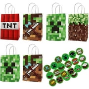 New 48pc Pixel Party Gift Bags - Minecraft 24pcs Paper Bags & Stickers, Cute DIY Themed Party Supplies for Kids' Birthdays