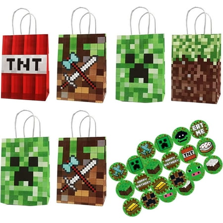 New 48pc Pixel Party Gift Bags - Minecraft 24pcs Paper Bags & Stickers, Cute DIY Themed Party Supplies for Kids' Birthdays