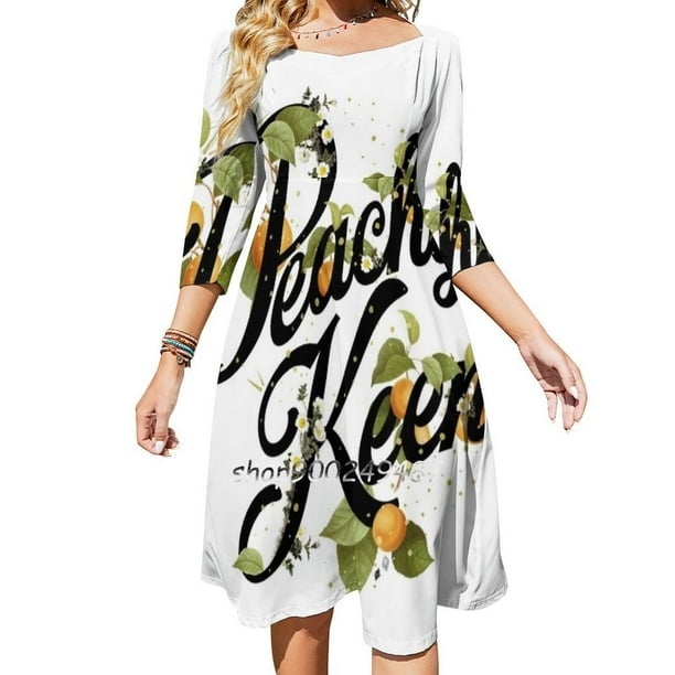 Peachy Keen: vestido elegante dulce de menta para mujer, vestido coreano kawaii con cuello cuadrado, tipo de fuente, gráfico, refrán, melocotones, fruta, comida