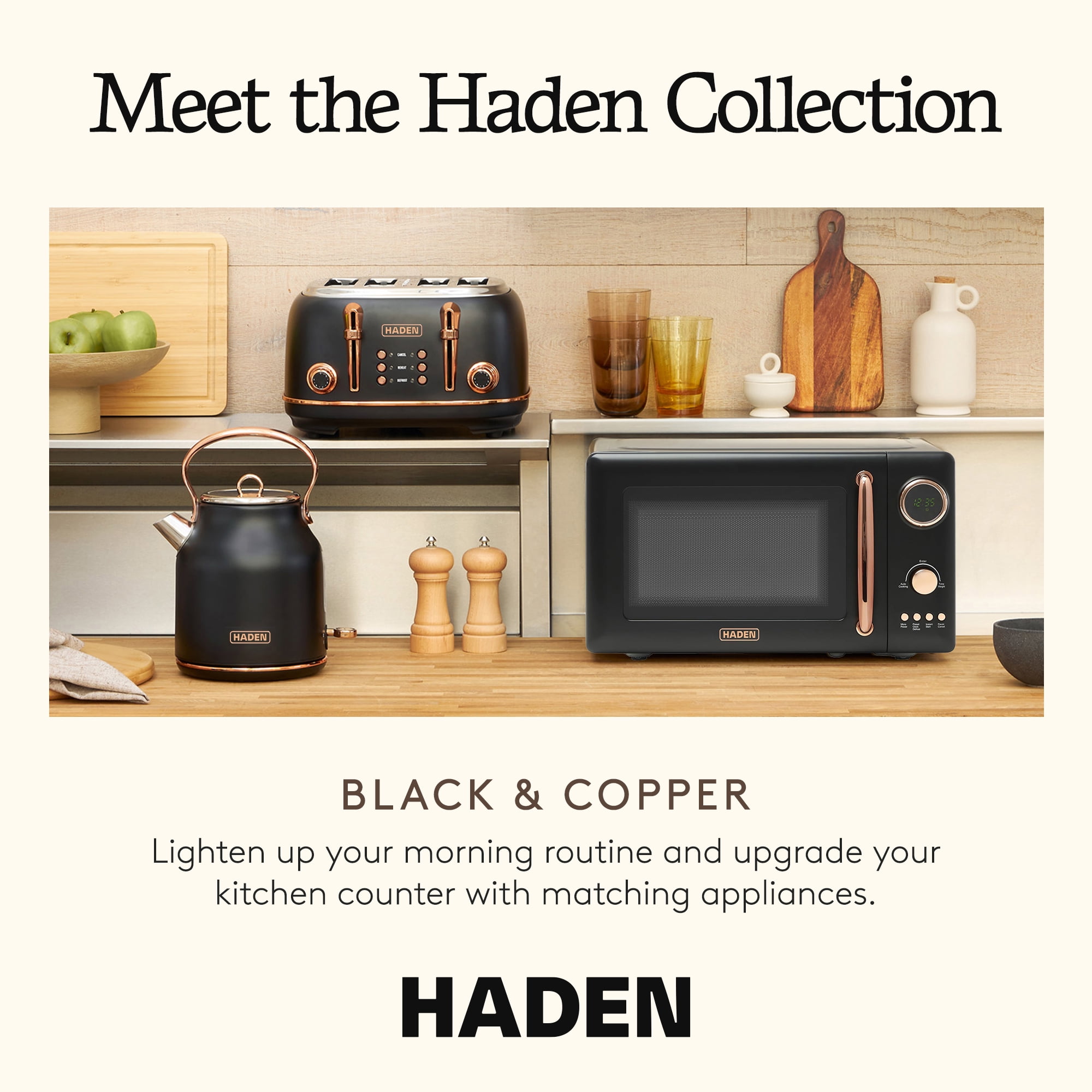 Haden 700W 0.7 Cubic Foot Microwave Oven w/ Digital Controls, Black/Copper