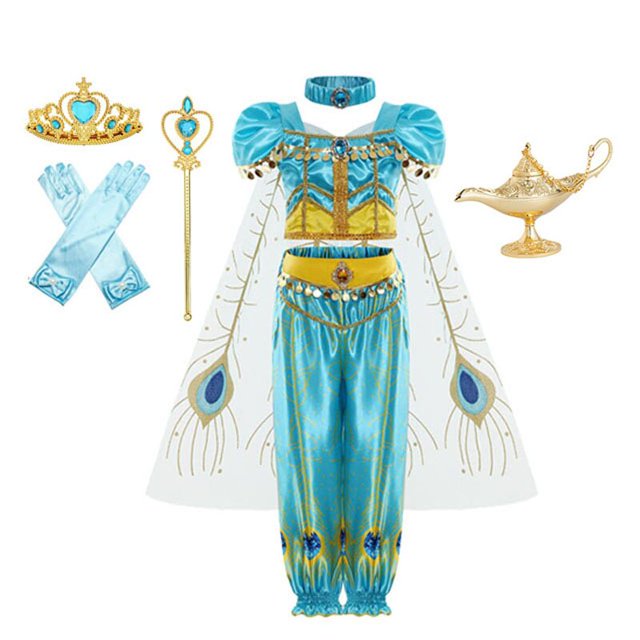 Vestido de jazmín para niñas, disfraz de princesa Aladino, disfraz de fiesta de cumpleaños para niños, Top + pantalón + diadema, conjunto de Vestidos, ropa 11-12T (etiqueta 160) Gao Jinjia LED