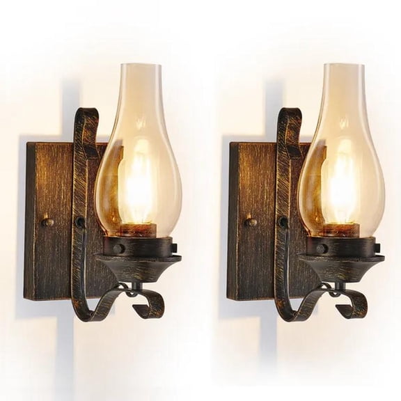 Rustic Farmhouse Wall Sconces Set of 2, Vintage Industrial Plug-in Wall Lights with Clear Glass Shade, Black and Gold Finish