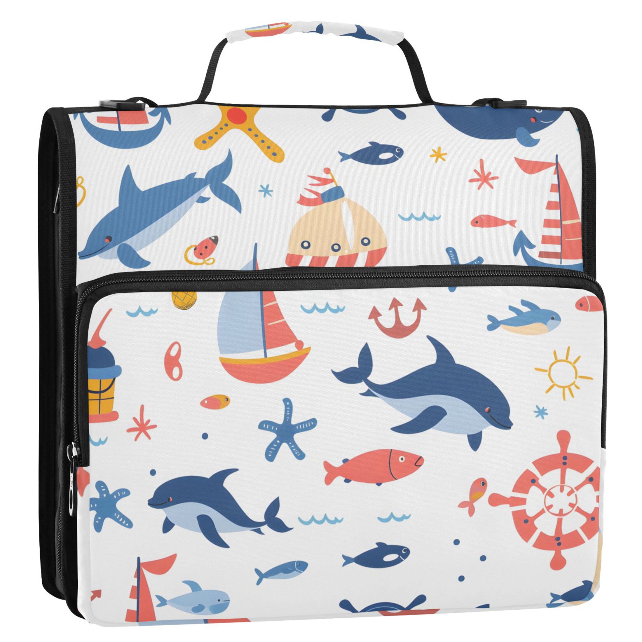 3 Ring Zipper Binder with Shoulder Strap Waterproof Trapper Keeper 2 Inch D-Ring 500 Sheets Capacity Dolphin Sailboat Starfish Fish