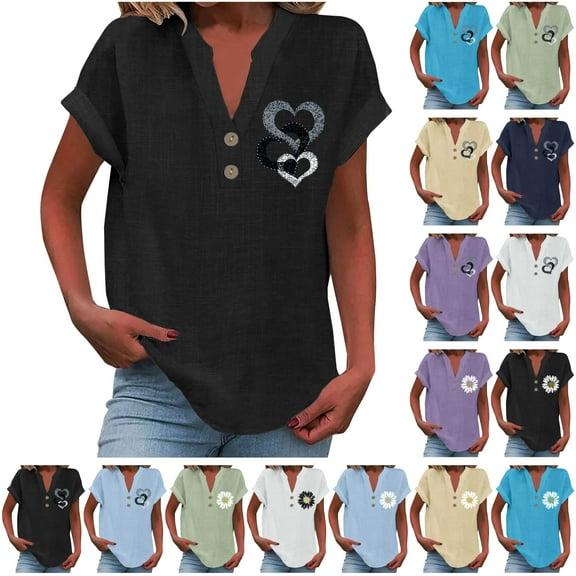 Sales of The Week BiZtdJrK Womens Button Down Linen Shirt Short Sleeve V Neck Shirts Heart Printed Plus Size Tops Summer Casual Dressy Tunic Top Black L