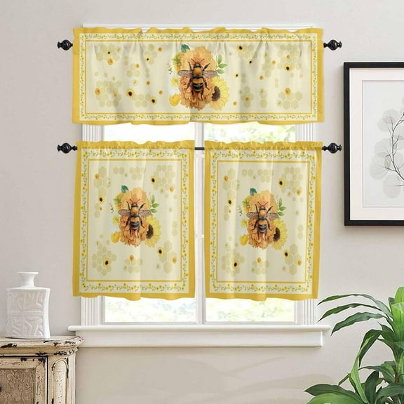 Kitchen Curtains Set, Sunflower Bee Kitchen Curtains and Valances Set, Pastoral Summer Flowers Yellow Rod Pocket Tier Curtains 36 Inch Length for Cafe/Bedroom Windows