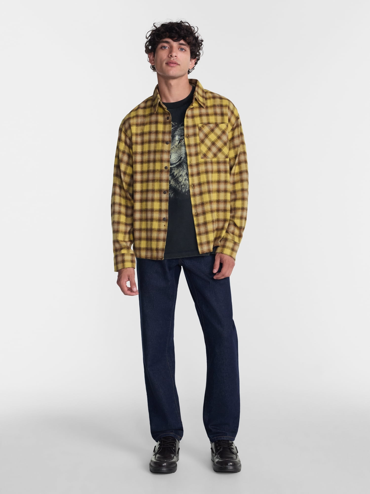 No Boundaries Boxy Cotton Plaid Flannel with Long Sleeves, Men's and Big Men's XS-4XLT