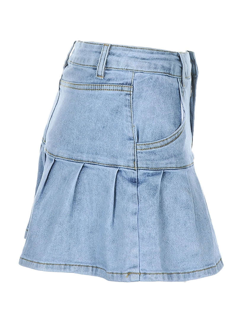Womens High Waist Denim Skirts Y2K A-Line Pleated Ruffle