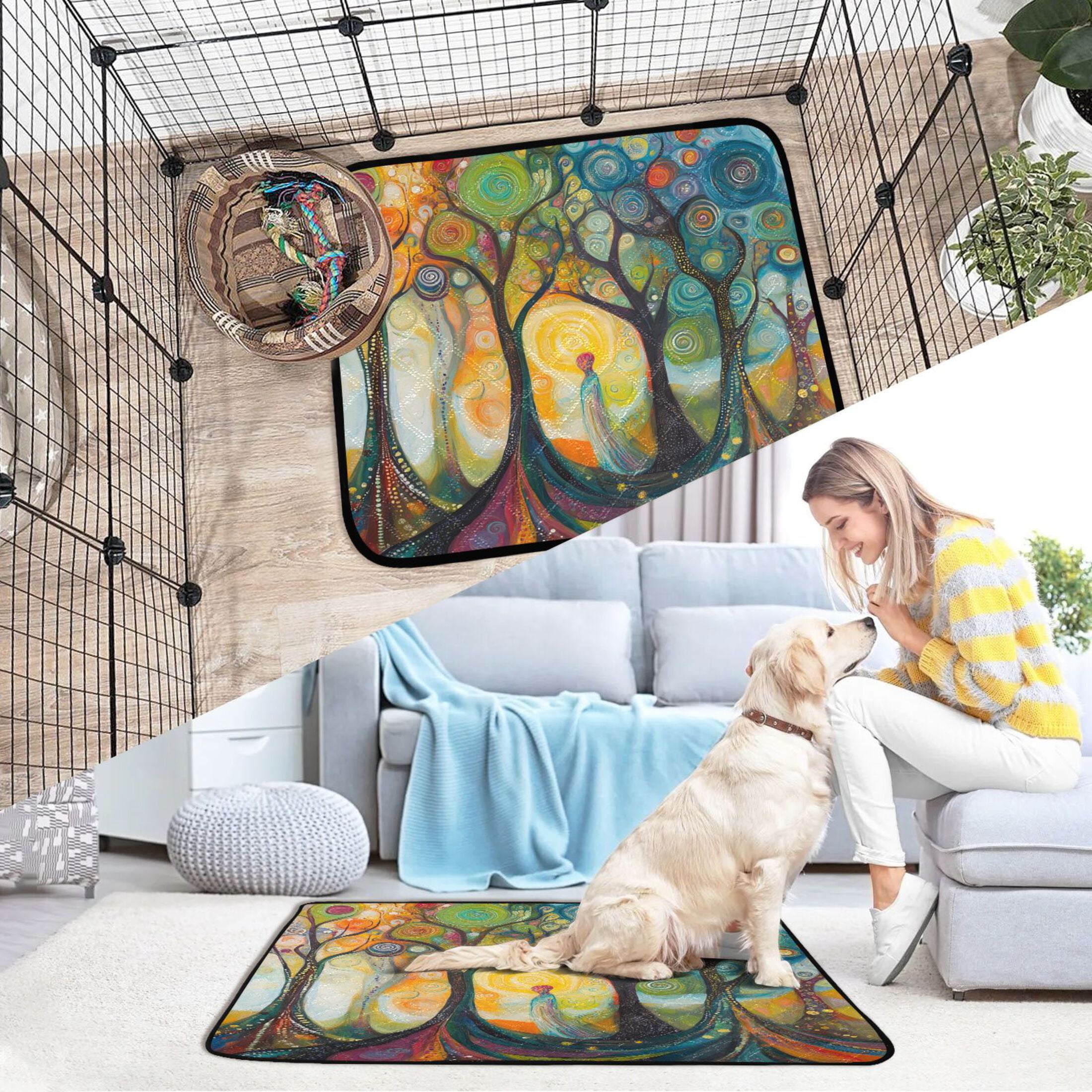 Qxltty Abstract Forest Cat litter Pads Pet Set of 3 Diaper Mats Center Anti-leakage Layer Absorbent Soft and Comfortable