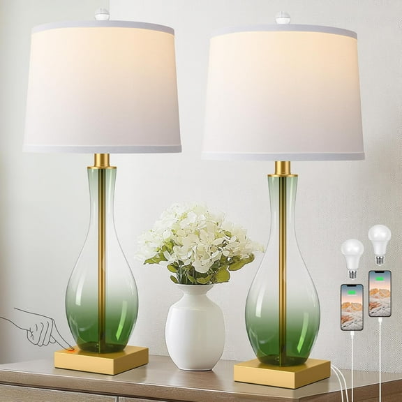 3-Way Dimmable Modern Glass table lamp for Living Room, Green Table Lamps Set of 2 with Touch Control, USB C and A Charging Ports, 27" Bedside Desk Lamps (LED Bulbs Included)