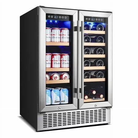 Aobosi 24in Wine and Beverage Refrigerator 2-in-1 for 18 Bottles & 57 Cans with Temperature Adjustment for Built-in & Freestanding, Dual Zone Wine Cooler Fridge