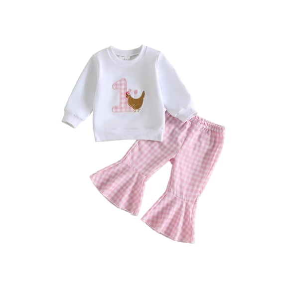 Cjfdfy Toddler Baby Girls Birthday Outfits First Birthday 1 Chick Embroidery Sweatshirt And Plaid Bell Bottoms Flare Pants Cute One Year Old Birthday Fall Winter Clothes
