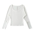 thumbnail image 3 of Women's Loose Fit Long Sleeve Round Neck Pocket Patchwork Solid Color Blouse Top Comfy Versatile Casual Business Office Outfits | CSEONE,White M, 3 of 6