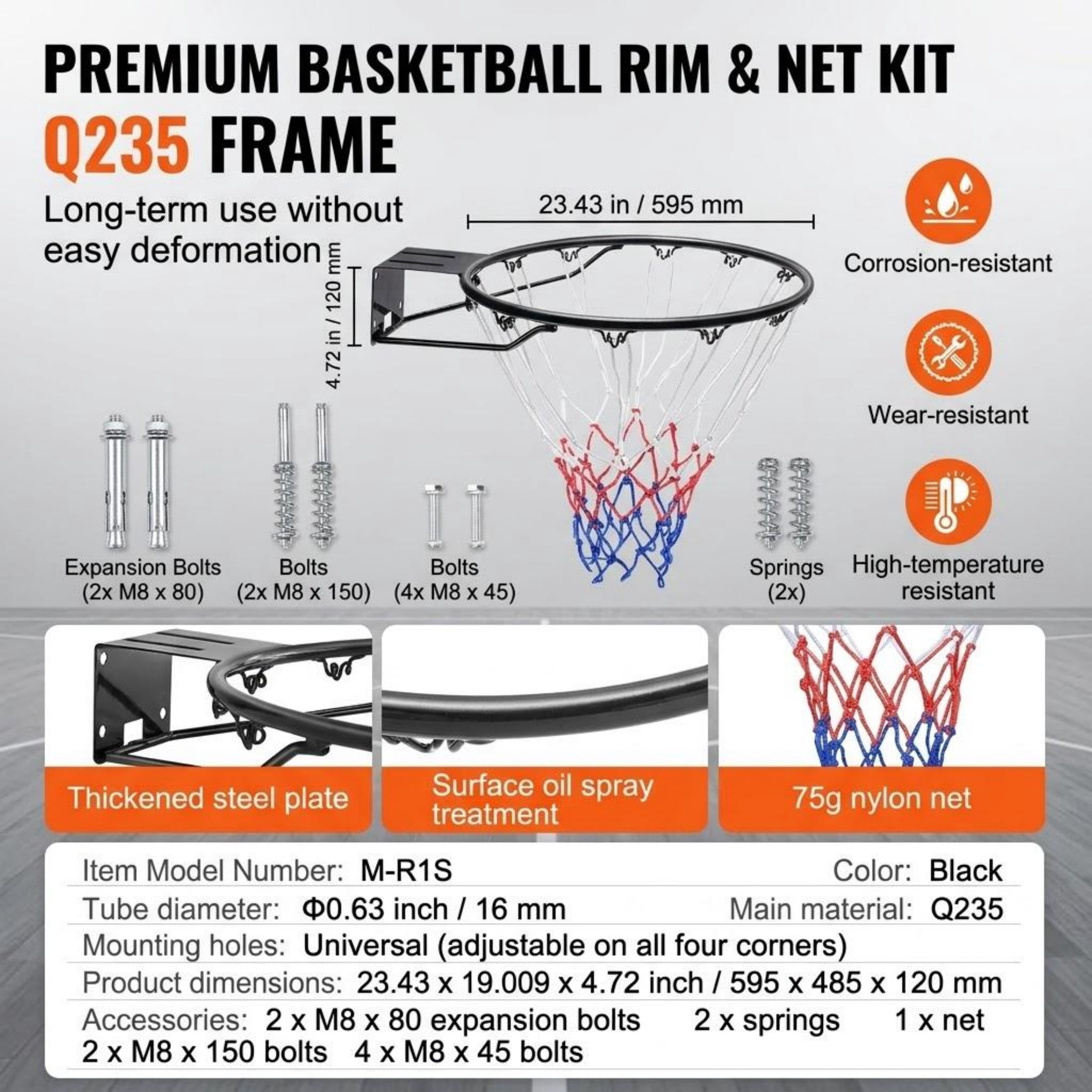 Heavy Duty Q235 Steel Basketball Rim, 18" Flex Goal with Double Spring, Wall & Door Mountable, Includes Net for Kids & Adults