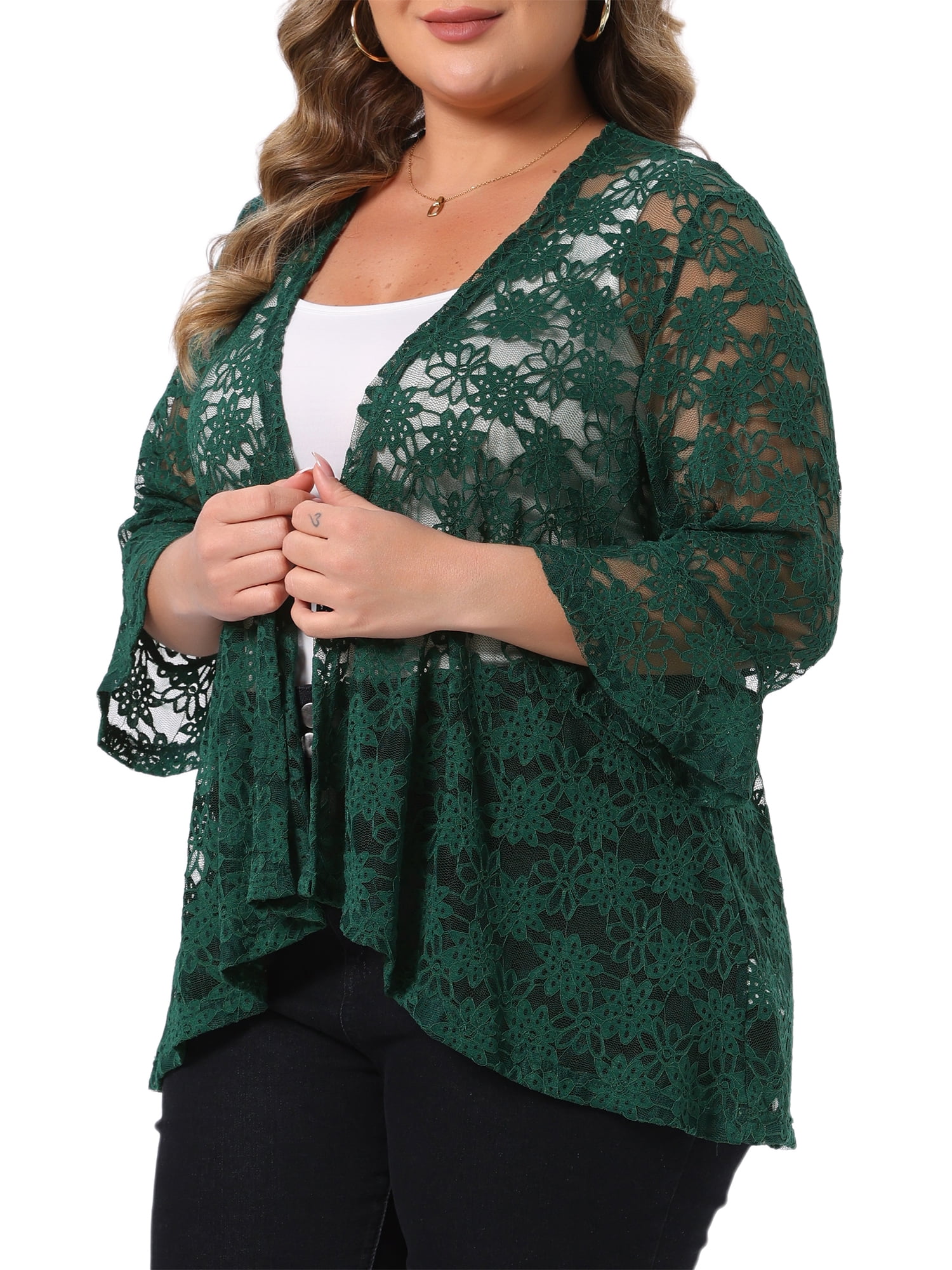 DARING DIVA Women's Plus Size Casual Open Front 3/4 Sleeve Sheer Lace Cardigan 4X Green
