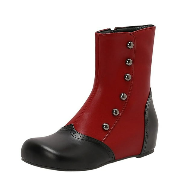 Red Women'S Casual Winter Round Toe Ankle Boots With Color Block Flat Sole Pu Leather Comfortable