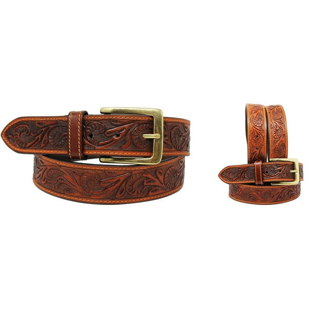 Affilare Men's 11/2" Wide Black Leather Basket Weave Tooled Belt