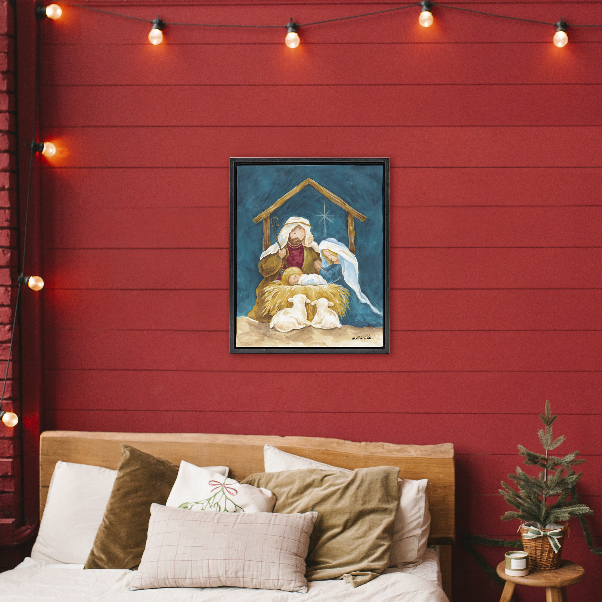 Comforting Nativity Painting Black Framed Floater Canvas Wall Art, design by Diane Kater