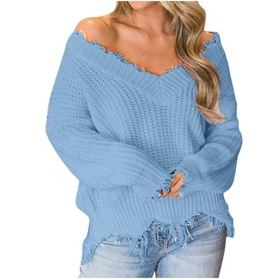 YUGYXL Fall Fashion for Women Trendy Loose V-Neck Long Sleeve Sweater Oversized Distressed Knit Blouse Outfits Blue XXL