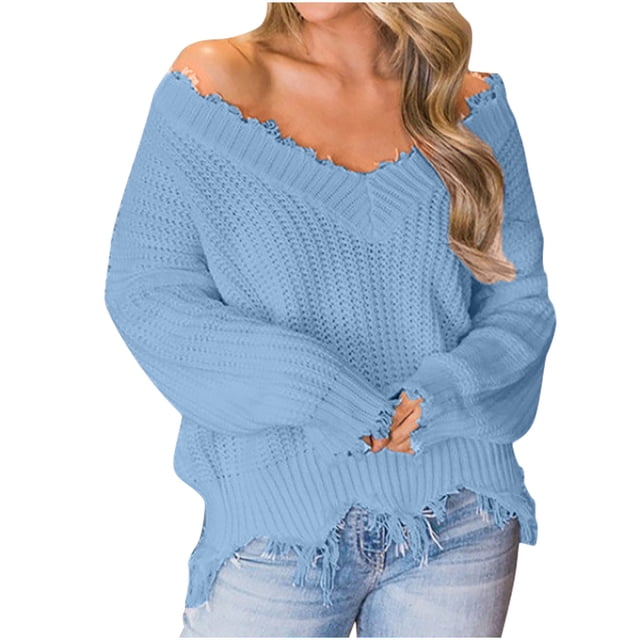 Dagegui Womens Off the Shoulder Sweater Solid V Neck Long Sleeve Loose Knitted Pullover Ripped Crop Top Blue,XXXL