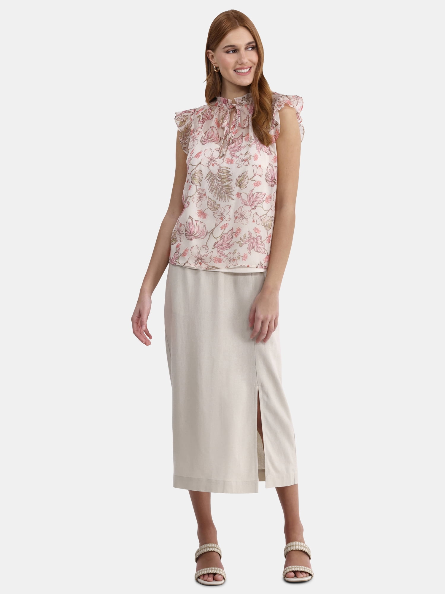Time and Tru Women's Flutter Sleeve Blouse with Cami, XS-XXXL
