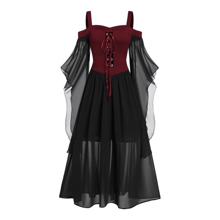 Haitryli Women Halloween Vintage Costume Dresses Victorian Medieval Steampunk Gothic Fancy Dress Red&Black L