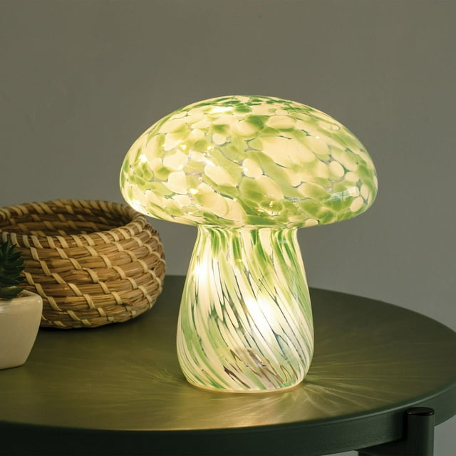 Merkury Innovations 7.9 inch Height Green Confetti Glass Mushroom Lamp