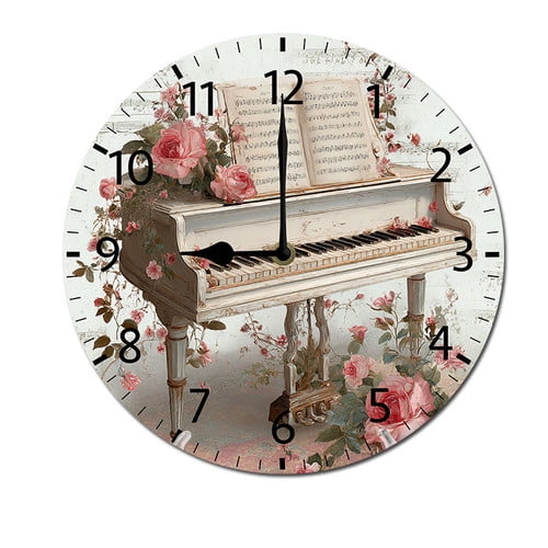 ZXCXRQFa Roses On A Piano Wood Wall Clock Silent Non-Ticking Kitchen Desk Clock Battery Operated Analog Decorative Round Clocks 10 in Garden Home Decor