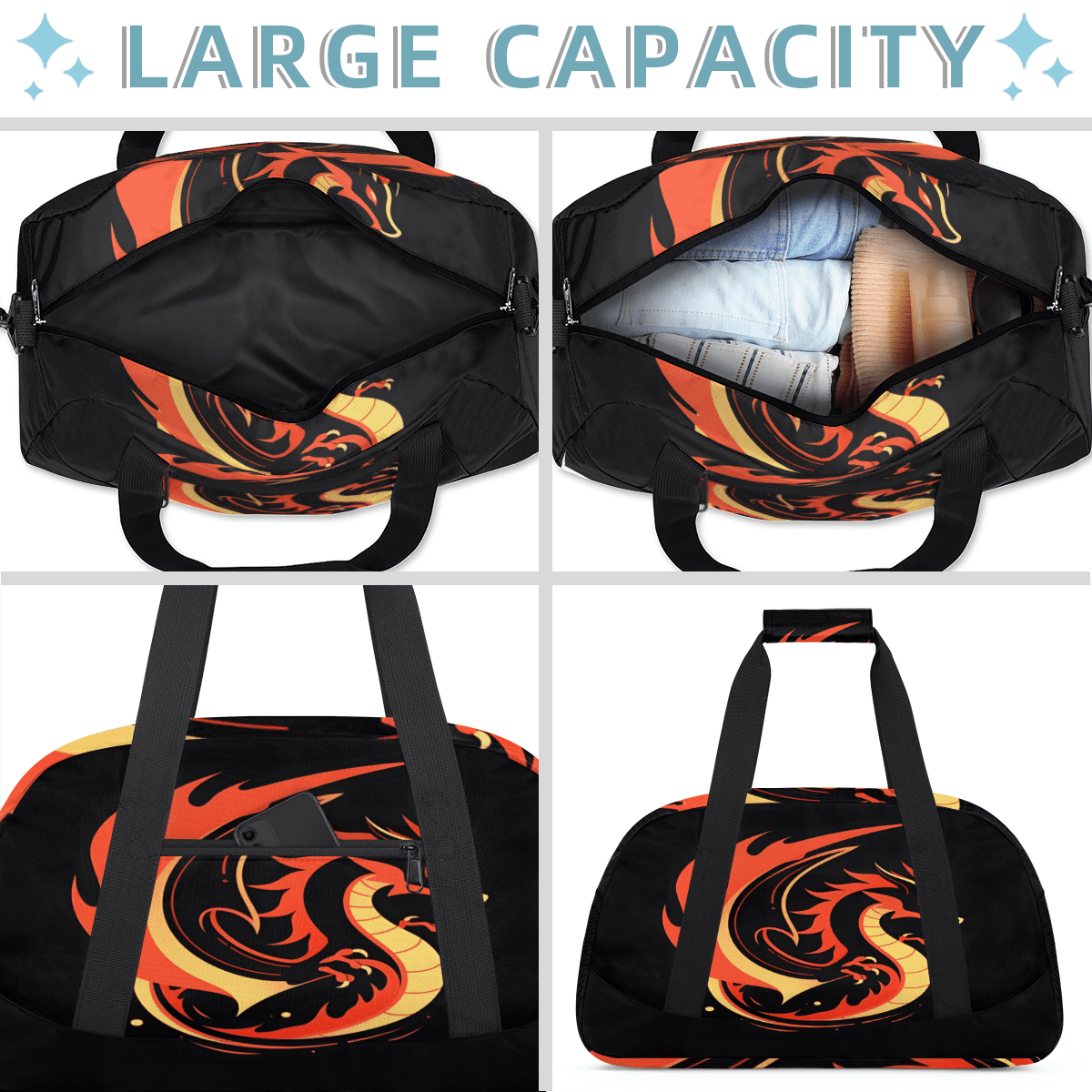 Herdesigns Dragon Sports Duffle Bag for Women & Men, Funny Gym Bag Dance Bag Overnight Bag Carry On Weekender Travel Bag