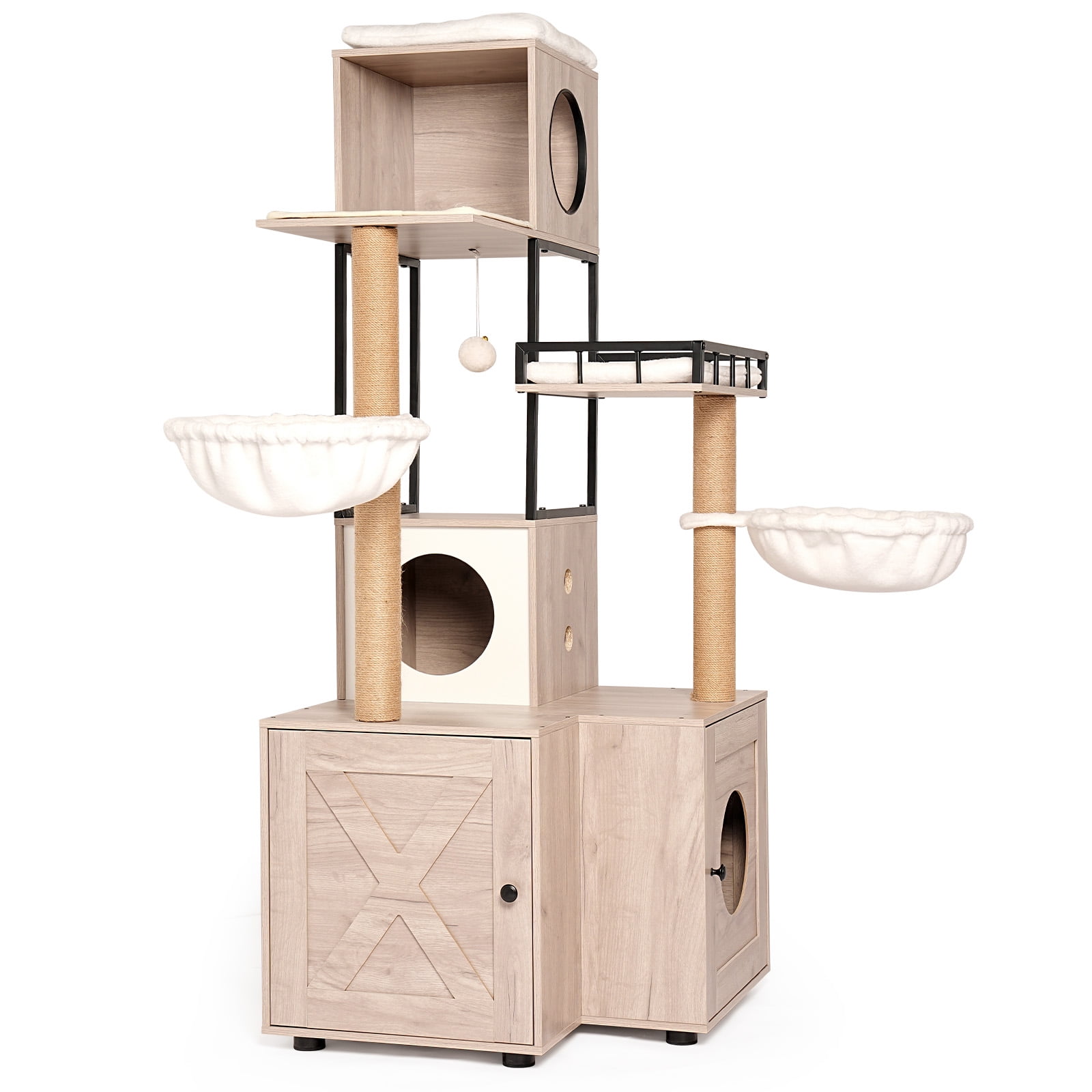 63-Inch Multi-Functional Cat Tree with Litter Box Enclosure, Extra Tall Cat Tower Condo with Dual Condos, Scratching Posts and Removable Cushion, Large Cat Furniture, Rustic Gray