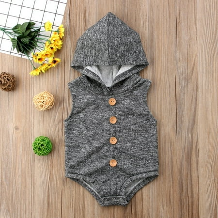 

Newborn Baby Boys Clothes Sleeveless Hoodie Button Decoration Bodysuit Pants Jumpsuit