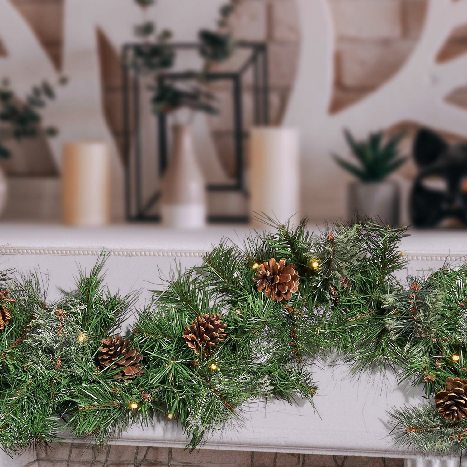 Kepooman 9' X 10" Christmas Cashmere and Snow Bristle Garland with Lights, Artificial Christmas Garlands Wreath Garland with 20 Pine Cones for Stairs Fireplaces Xmas (With LED Light), 160 Tips, Green Kepooman 9' X 10" Christmas Cashmere and Snow Bristle Garland with Lights, Artificial Christmas Garlands Wreath Garland with 20 Pine Cones for Stairs Fireplaces Xmas (With LED Light), 160 Tips, Green